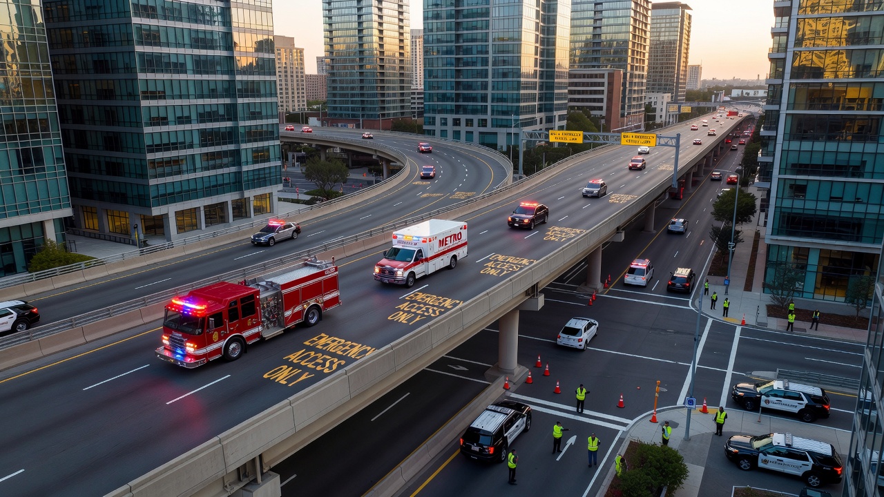 Emergency vehicle navigating a dedicated corridor alongside public transit in a metropolitan area